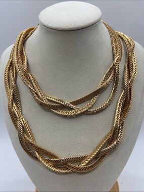 Talbots Long Necklace Matte Gold Tone Braided Foxtail Chain 30”L Classic